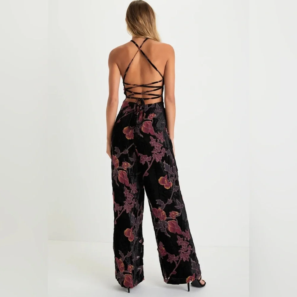 Lulus Exquisite Vibe Black Floral Burnout Velvet Purple Pink Lace-Up Jumpsuit M - Picture 2 of 11